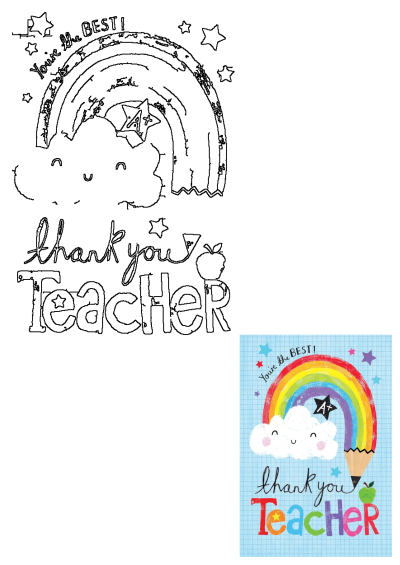 A cute thank you card for teacher. Features a rainbow, pencil, stars, and clouds in the sky with 'You're the BEST!' and 'Thank you Teacher'.