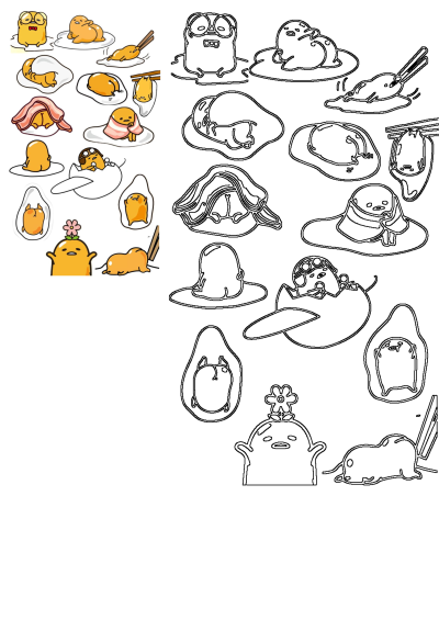 Cartoon illustration of Gudetama, the lazy egg yolk character, in various poses. Some Gudetama are with chopsticks, bacon, or flower.