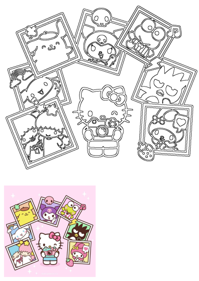 Hello Kitty wallpapers arranged in picture frames on a pink background featuring popular characters like Pompompurin, Kuromi, Keroppi and Badtz-Maru.
