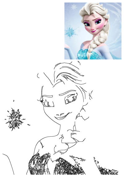 Frozen princess Elsa with snowflakes in her white hair and a beautiful blue dress. She is a very popular Disney character.
