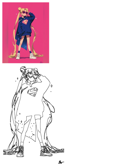 A blonde girl with her hair in the signature Sailor Moon style wears a Superman hoodie and cape with pink heart-shaped sunglasses. Fun cosplay mashup.