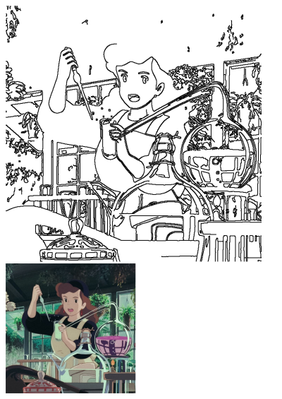 Anime-style image of a woman holding a beaker and working in a lab setting with various scientific apparatus and plants.