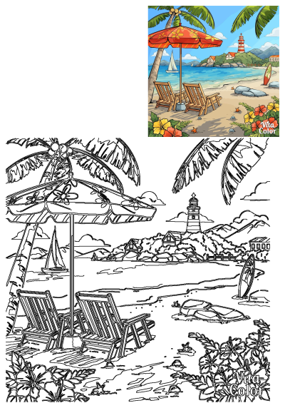 Cartoon illustration of a beautiful tropical beach with a lighthouse, wooden chairs, surfboard, palm trees and a sailboat in the ocean.