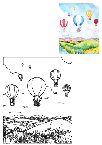 Watercolor painting of hot air balloons, with animals as passengers, flying in the sky above a colorful field with flowers and mountains.