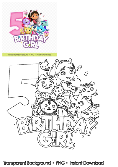 The 5th birthday girl is surrounded by cute animals from Gabby's Dollhouse, creating a whimsical and colorful celebration scene. Perfect for themed parties.