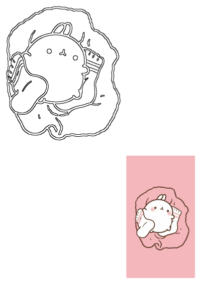Cute Molang rabbit cartoon drawing laying on a pink pillow. Alt: a drawing of a cat laying on top of a pink pillow in the shape of a heart