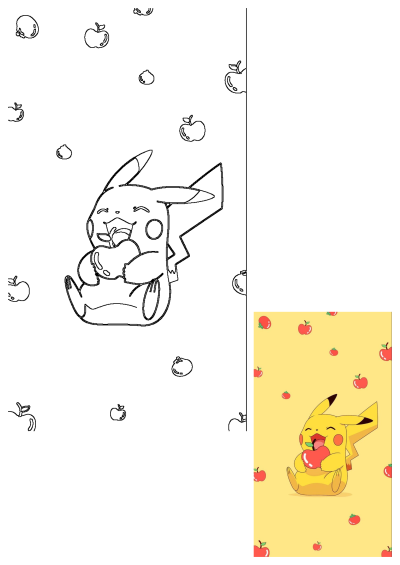 Cute Pikachu enjoying a red apple, surrounded by more apples. Adorable Pokemon character eating his favorite fruit on a yellow background.