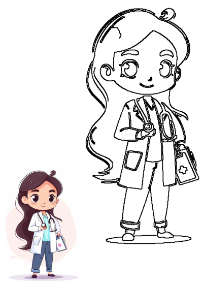 Cartoon girl doctor in white coat holding a clipboard with a pink plus sign and stethoscope. Cute illustration for healthcare topics.