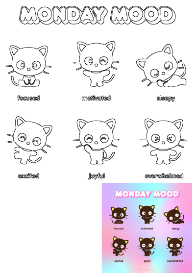 Monday Mood depicted through various cartoon cat expressions: focused, motivated, sleepy, excited, joyful and overwhelmed. 