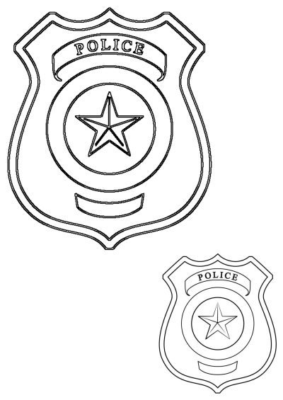 An outlined black and white drawing of a police badge with a star at its center. Ideal for coloring pages or law enforcement resources.