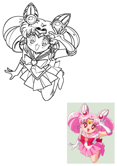 Chibi Usa from Sailor Moon, an anime character with pink hair and red eyes, wearing a pink dress and posing happily. A cute cartoon character.