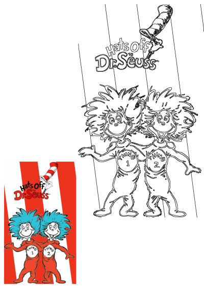 The Cat in the Hat book cover for Hats Off to Dr Seuss, featuring Thing 1 and Thing 2 against the iconic red and white striped background.