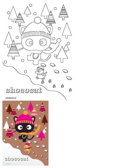 Chococat with a cute bird friend in a winter wonderland. A black cat wearing a pink hat and scarf over snow covered ground and christmas trees.