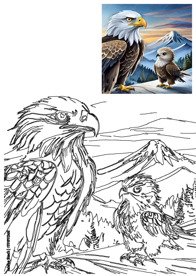 Two bald eagles, adult and eaglet, stand on a snow-covered hill against a backdrop of mountains. Watercolor style illustration. 