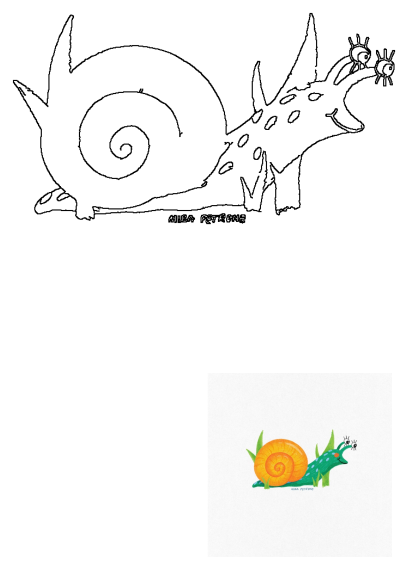 Illustration of an orange snail with green leaves on its back. A small bug is crawling next to the snail, creating a whimsical nature scene.