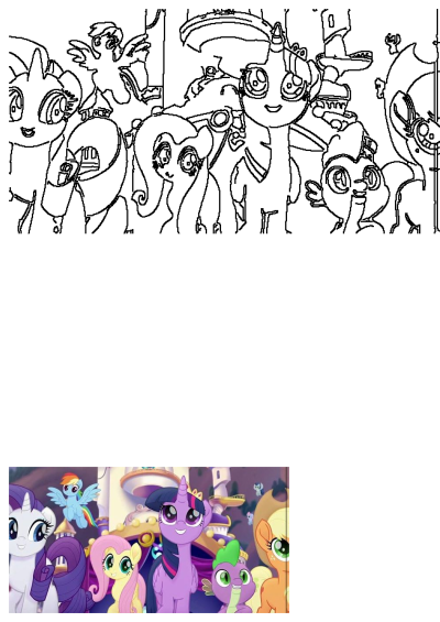 Many different colored ponies standing together in front of a castle. Features Rainbow Dash, Twilight Sparkle, Rarity, and other My Little Pony characters.