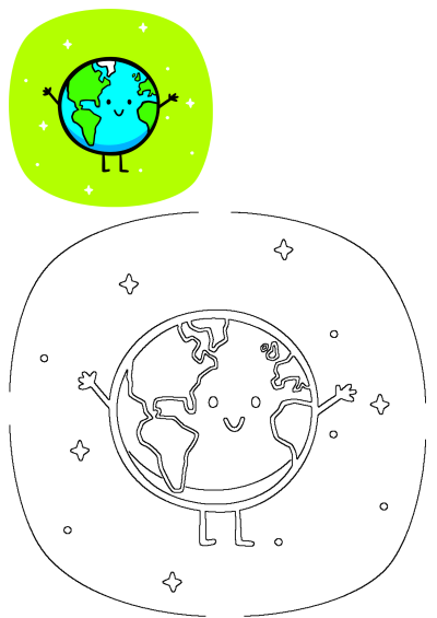 Cartoon illustration of the Earth with a smiling face, hands raised in a welcoming gesture, set against a cheerful green background.