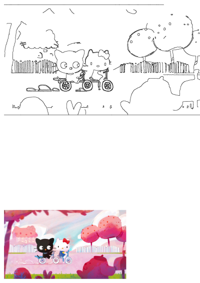 Hello Kitty rides a bike with a cat on the back in front of trees, with a Kitty-themed house in the background in an adorable artwork.