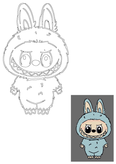 Cartoon illustration of a cute monster wearing a furry blue rabbit suit with big teeth and ears. A playful and unique character design.