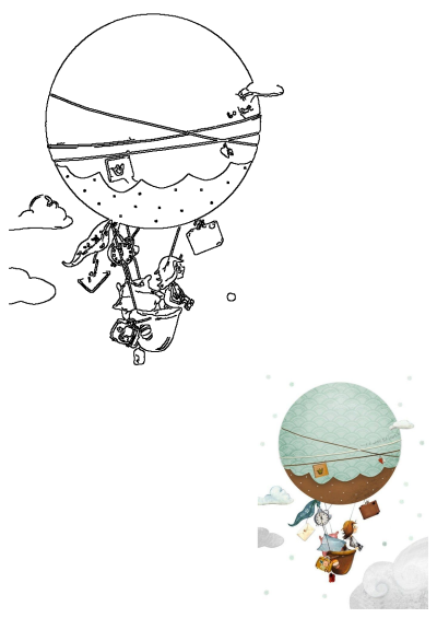 Whimsical artwork of a hot air balloon with animals on it, but instead, it features a girl among suitcases, pillow and other belongings.