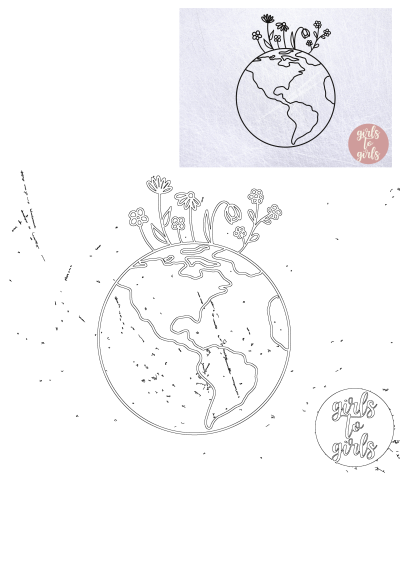 Illustration of the earth with flowers growing out of it. A simple black line drawing showing the continents and several types of flowers.