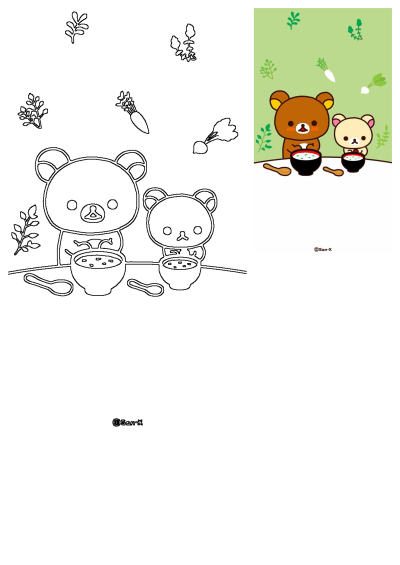 Two cartoon brown bears, Rilakkuma and Korilakkuma, are sitting at a table eating food in bowls with spoons, against a green backdrop with vegetables.