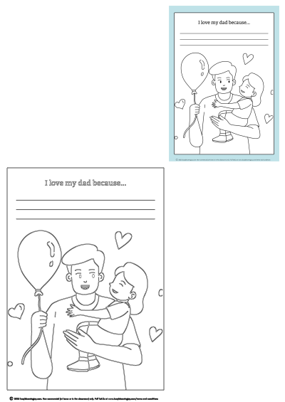 Coloring page featuring a father holding his daughter, with balloons and hearts. A heartwarming image for 'I love my dad because...'