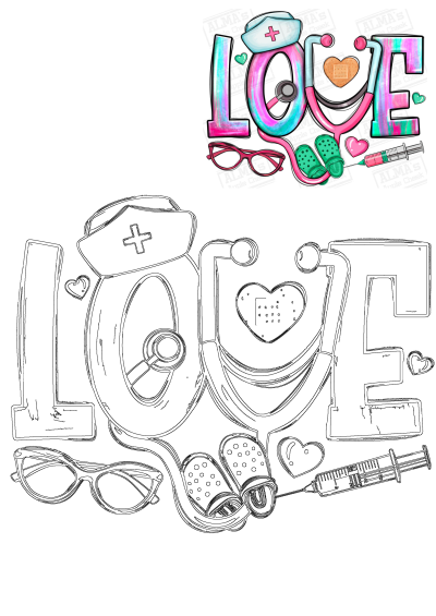 The word "love" creatively illustrated with medical supplies: nurse hat, stethoscope, band-aid, glasses, clogs and a syringe, healthcare theme.