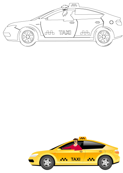 A cartoon drawing features a man in a yellow taxi cab talking on his cell phone while driving down the street.