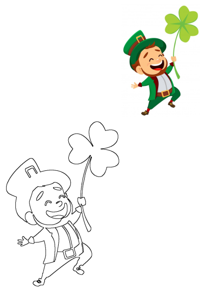 A cheerful cartoon leprechaun man holds a four-leaf clover, a symbol of good luck on St. Patrick's Day. He is smiling and wearing traditional green attire.