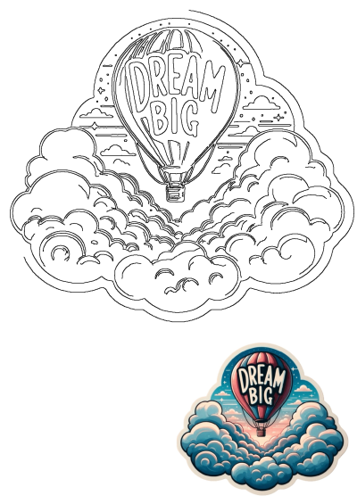 Inspiring illustration of a hot air balloon with 'Dream Big' in its center, floating among fluffy clouds. Motivational and whimsical design.