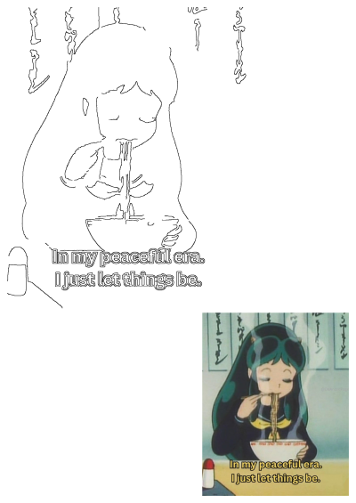 Anime girl eating ramen. Text overlay: "In my peaceful era. I just let things be." Relatable, happy, pretty quote inspired by Lu D’Souza.