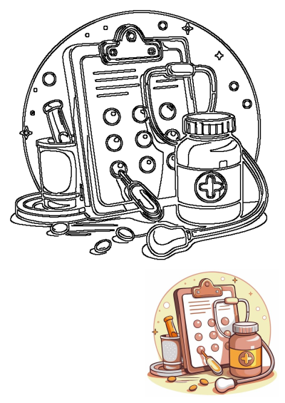 Cartoon illustration of medical supplies: clipboard, stethoscope, pills, medicine bottle, and test tube in a cup, ideal for healthcare concepts.