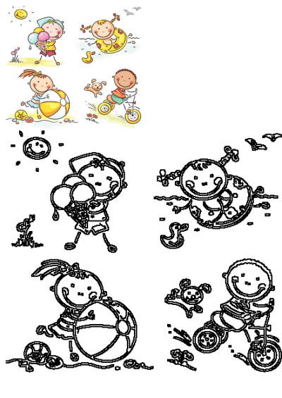 Cartoon image of four children enjoying summer fun: playing ball, riding a bike, swimming and eating ice cream, having fun in the sun.