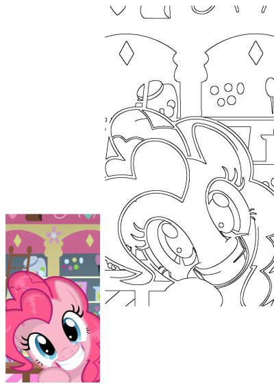 Close up of a smiling Pinkie Pie, a character from My Little Pony, looking at something with big blue eyes and a cheerful expression.