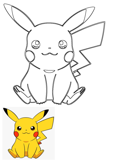 Cute cartoon illustration of Pikachu sitting, a popular Pokemon character with yellow fur, red cheeks, and a lightning-bolt tail.