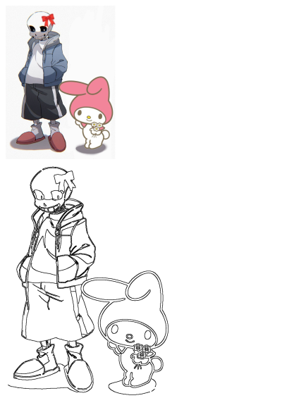 Cartoon image of Sans Undertale with a red bow, a cartoon character standing next to an animated bunny, My Melody, holding flowers.