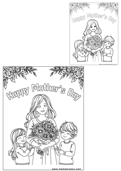 Happy Mother's Day coloring page featuring a mother, two children, and flowers. Perfect for a fun and festive Mother's Day activity.