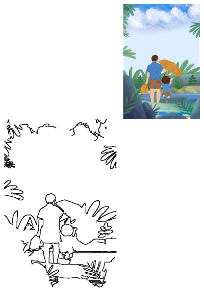 A heartwarming illustration of a father and son walking in the rain, under an umbrella, holding hands. Depicts a sweet, loving moment in a colorful setting.