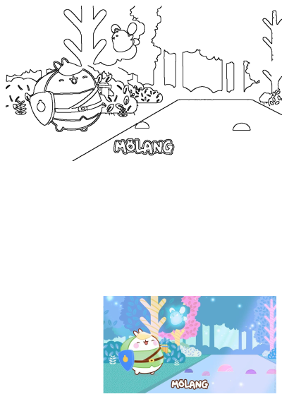 A Molang rabbit with a backpack, shield and panpipe is walking through a colorful cartoon forest on an adventure.