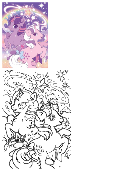Illustration of two little ponies standing next to each other. They are cartoon style and set against a rainbow backdrop with stars and clouds.