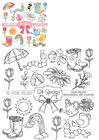 The clip art set includes flowers, rain boots, umbrella, bugs, sun, rainbow and other items to make it look like spring. 