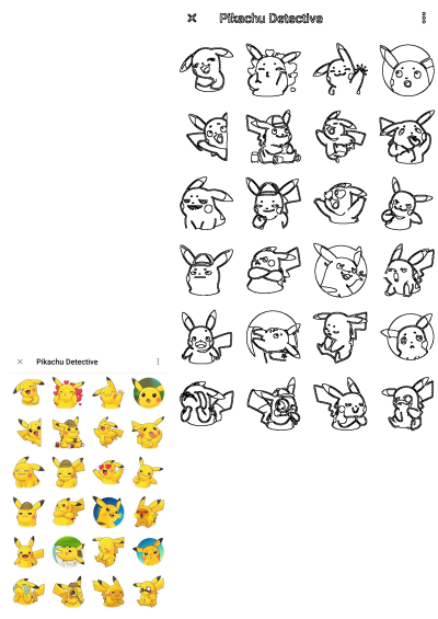 A collection of "Pikachu Detective" stickers showing Pikachu in a variety of expressive poses and humorous detective outfits. Cute and fun!
