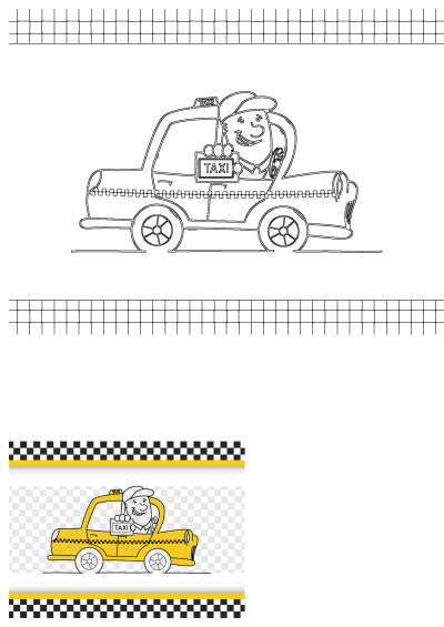 Cartoon illustration of a taxi cab driving with a man in the cab. Funny illustration of taxi with driver and checkered background.