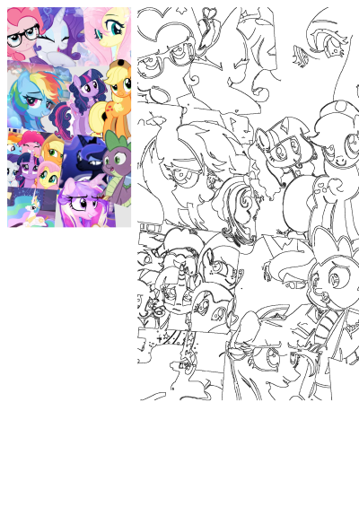 A group photo of many different My Little Pony characters, including Pinkie Pie, Twilight Sparkle, and Rainbow Dash. One pony is looking at something.