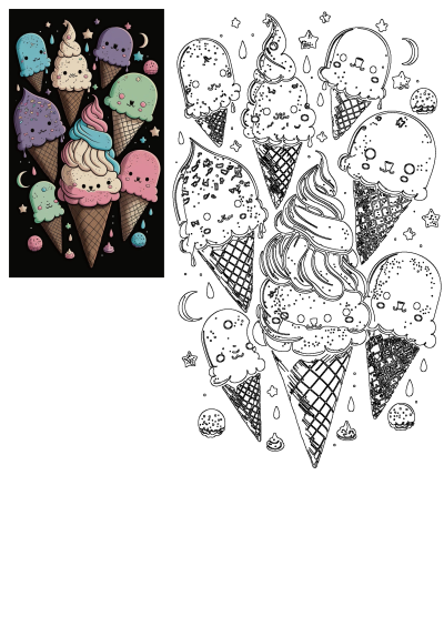 Illustration of several ice cream cones with cute cartoon faces and various toppings. Three ice cream cones with different toppings on them.