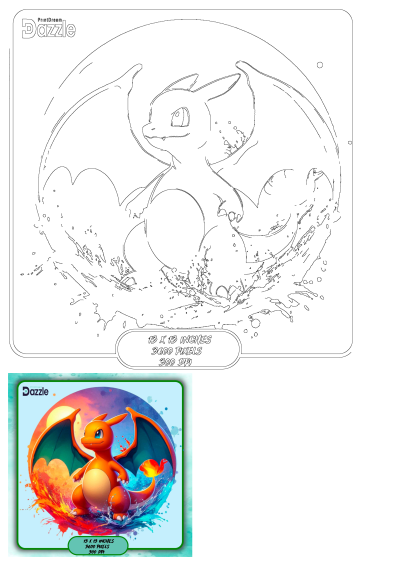 Card featuring a fiery Charizard Pokemon. A dragon with green wings and a flame tail. Dazzle brand art in vibrant colors. Card with Dazzle logo.
