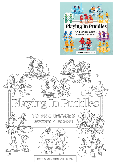 10 Playing in Puddles Clipart Pack. INSTANT DOWNLOAD with 10 Puddle Play Illustrations, PNG Transparent Background, Commercial Use. 