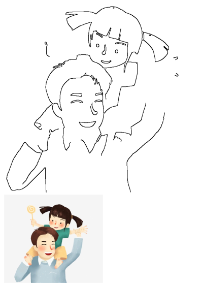 Illustration of a happy father carrying his daughter on his shoulders, while she holds a lollipop. A joyful family moment captured.