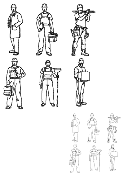 A line drawing illustration showing 6 construction workers: a plumber, a carpenter, an engineer, a painter, and a delivery man.